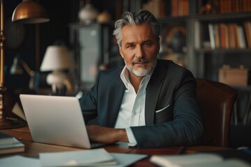 Fototapeta premium A confident businessman working on a laptop in a stylish office setting.