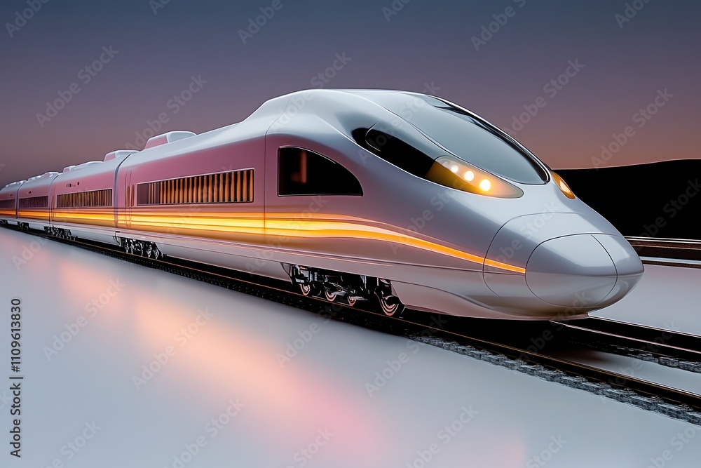 Poster futuristic bullet train in a hyperrealistic setting with atmospheric lighting against a smooth white
