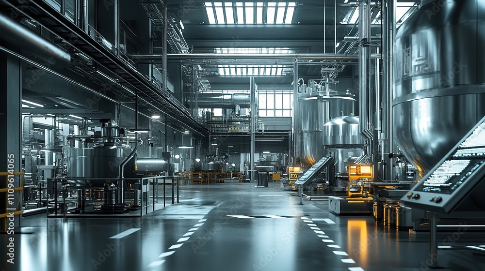 Poster a state-of-the-art industrial factory with automated production systems.
