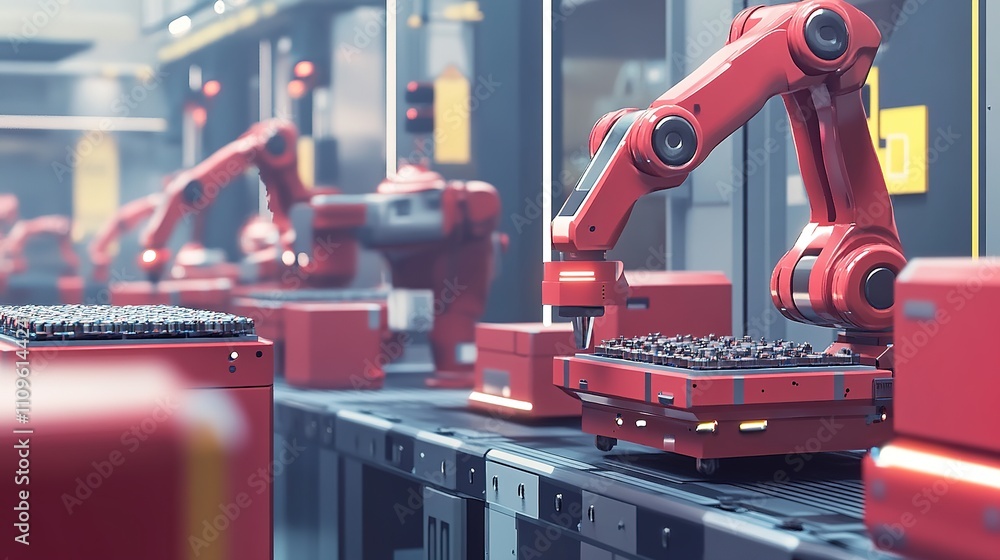 Poster an advanced assembly line with robots assembling complex products.