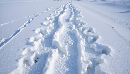 Obraz premium Trail of footprints through a pristine snow landscape captured in the early morning sunlight