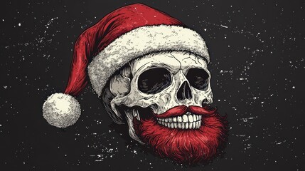 Unique festive illustration of a skull wearing a Santa hat with a whimsical touch