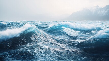 Dramatic Ocean Waves Crashing  Mountain Background