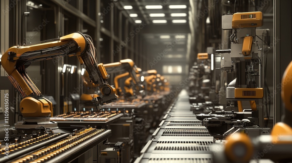 Poster an advanced assembly line with robots assembling complex products.