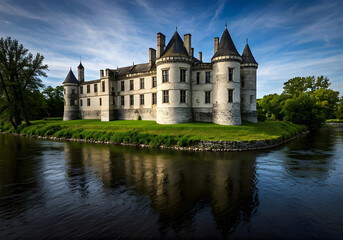 Obraz premium Old castle ruins along a wild river, photorealistic