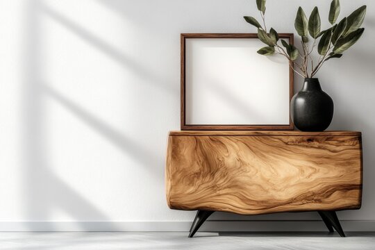furniture design, an organic textured wooden sideboard and a large mock-up frame come together in a sunlit room under a skylight