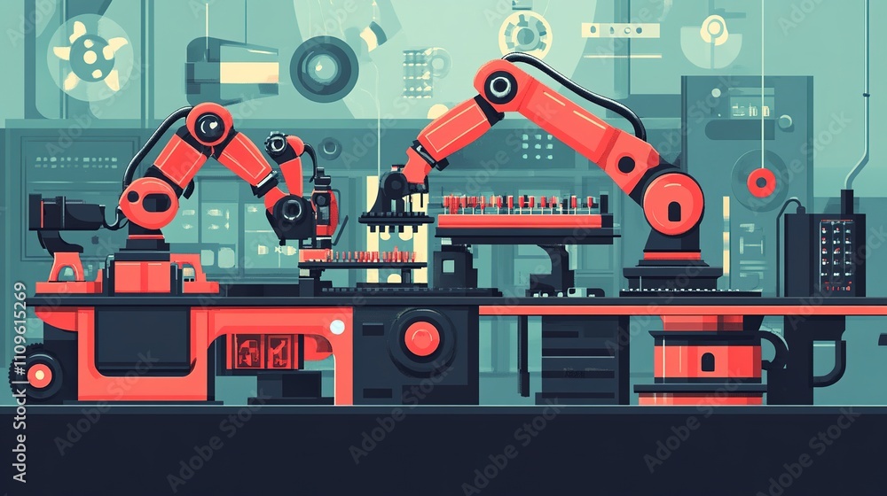 Poster an advanced assembly line with robots assembling complex products.