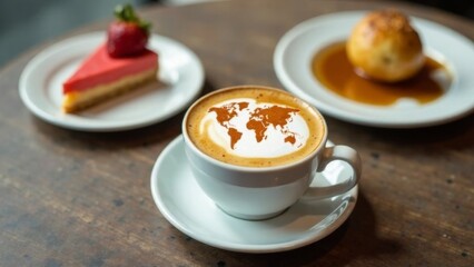 World map made of cinnamon on cappuccino foam. Cup of coffee, dessert, boarding passes. Travel concept. Cappuccino at the airport