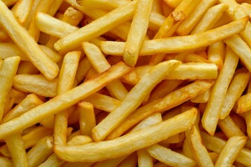 Photo of Big pile of fresh yellow french fries. Food photo for backdrops or recipes