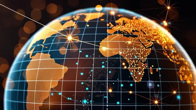 A glowing globe showcasing a map of the world with highlighted cities and a network of interconnected lines.