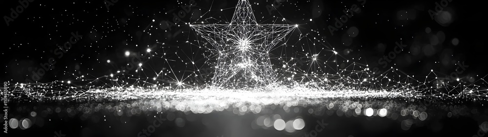 Poster a shimmering silver star rendered in sparkling light and delicate lines, set against a deep black ba