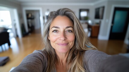 A peaceful woman takes a selfie in her warm and inviting living room, with natural light creating a tranquil atmosphere that highlights her gentle smile and grace.