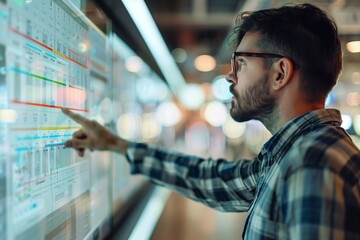A focused professional analyzing digital data on an interactive display.