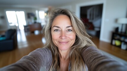 A contented woman takes a self-portrait in a bright, contemporary home interior, exuding a sense of warmth and peace in her personal space and lifestyle.