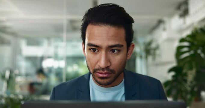 Business, thinking and man in office with laptop for planning, growth or development of creative ideas. Typing, reading and designer at desk for online report, review or research at digital agency