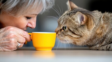 An elderly woman enjoys a tender moment with her tabby cat over a cup of coffee, illustrating the bond between pets and humans, alongside vibrant companionship.