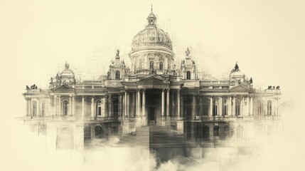 an architectural illustration that combines elements of classical and modern design. It features a grand building with prominent dome and intricate detailing, showcasing columns and ornate decorations
