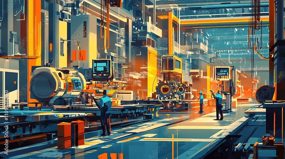 Poster engineers fine-tuning the efficiency of an assembly line in a high-tech factory.