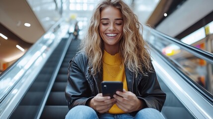 A young woman with curly hair smiles joyfully while looking at her smartphone, wearing a black leather jacket, sitting on an escalator in a modern shopping mall.
