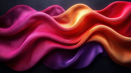 Obraz premium Abstract Waves of Colorful Fabric Rippling Elegantly with Deep Shades of Pink, Orange, and Purple on a Dark Background for Creative Visual Designs
