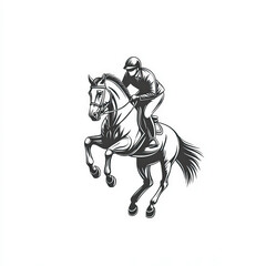 Horse And Rider Silhouette, Black And White Illustration Isolated On White Background