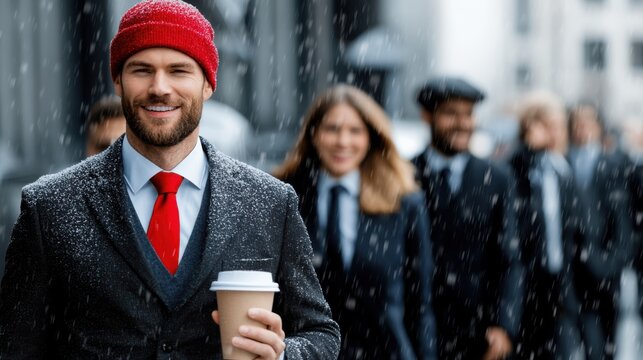 A man in a tailored suit and red hat clutches a coffee cup, smiling as he walks through a dynamic, snow-draped city street, surrounded by diverse individuals.