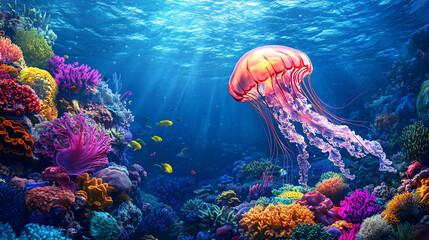A jellyfish floating near a coral reef, its tentacles delicately brushing against colorful marine life