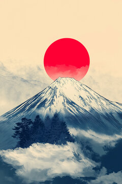 Landscape. Mountain with a red sun rising. Concept of Japan