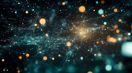 Obraz premium A glowing starry network of white and teal lights scattered in a dark space, representing data systems and connectivity.