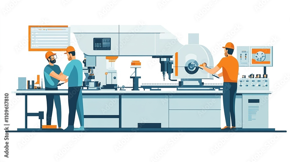 Poster factory workers using precision tools to ensure the proper functioning of machines.