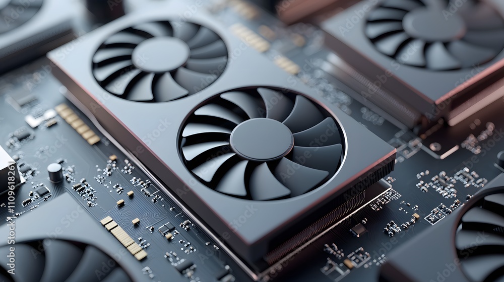 Poster high-performance gpu closeup in a modern workspace tech environment detailed content viewpoint for e