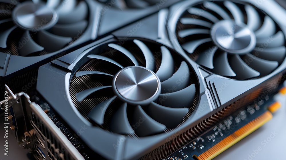 Poster closeup of a high-performance gpu with powerful cooling fans technology setup modern environment tec