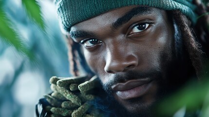 An intense, focused young man dons a green hat amidst lush foliage, exuding a vibe of concentration and profound connection with the surrounding environment.