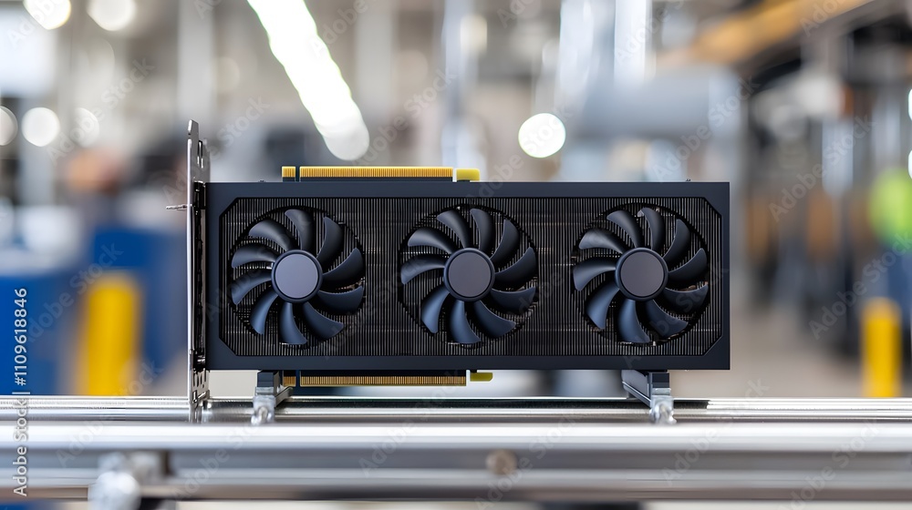 Poster closeup of gpu and workstation for graphics development in modern tech workshop industrial environme