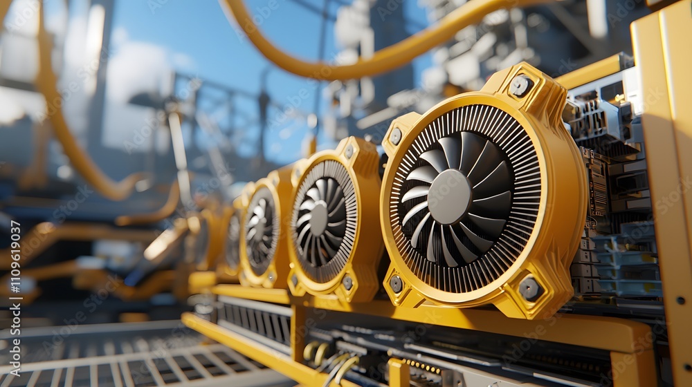 Poster closeup of gpus in mining rig technology setup industrial environment showcase of hardware component