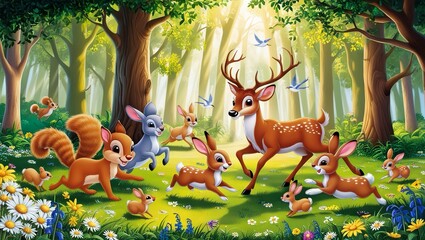  A vibrant and warm sunny day in a lush, verdant forest with dappled sunlight filtering through the tall tr