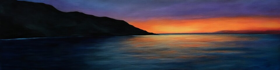 Fototapeta premium Serene sunset over a calm ocean, with vibrant colors reflecting on the water's surface.