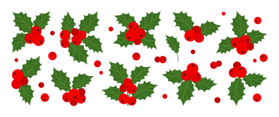 Holly berry and leaf, Christmas mistletoe icon, winter decoration, Xmas red ilex branch. Cartoon holiday set isolated on white background. Vector illustration