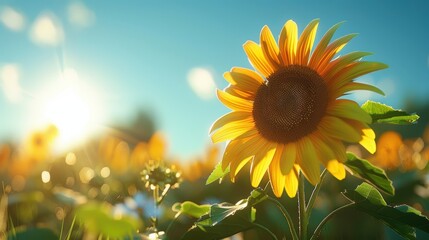 Fototapeta premium A vibrant sunflower basking in sunlight amidst a field of blooms.