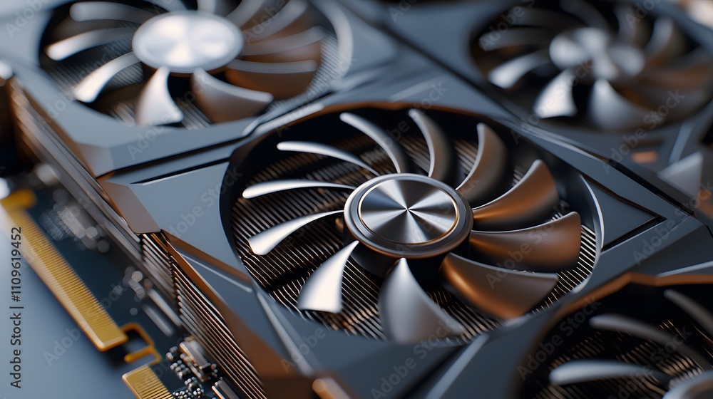 Poster detailed closeup of a modern gaming gpu tech showcase digital content indoor setting macro view gami