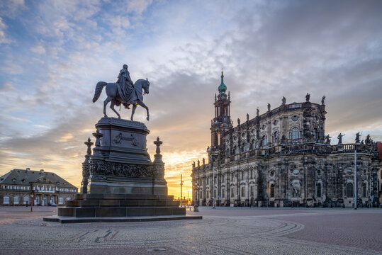 Statue of King Johann and Dresden Cathedral at sunrise, Dresden, Saxony, Germany
