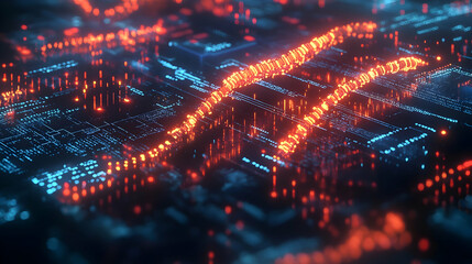 A digital representation of a DNA strand, glowing in orange and blue tones, intertwined with a futuristic circuit board design.
