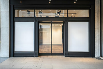 Sleek storefront with blank windows showcases contemporary design in a lively city environment