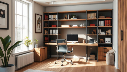 Modern Home Office with Stylish Desk, Bookshelves, and Bright Natural Light
