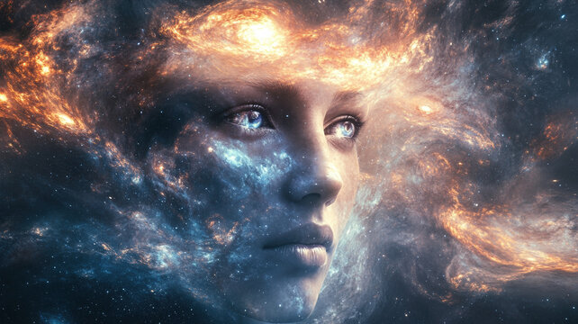 Mystical cosmic woman&rsquo;s face with glowing eyes, surrounded by stars, nebula, and galactic light in space