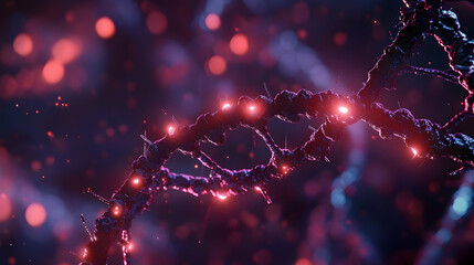 A vibrant and glowing red DNA strand with purple highlights in a cosmic-inspired background, symbolizing evolution and future genetics.


