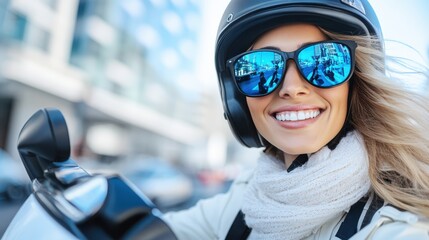 A woman wearing a helmet and reflective sunglasses smiles as she enjoys a scooter ride in the city, exuding happiness and a carefree sense of adventure.