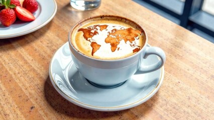 World map made of cinnamon on cappuccino foam. Cup of coffee, dessert, boarding passes. Travel concept. Cappuccino at the airport