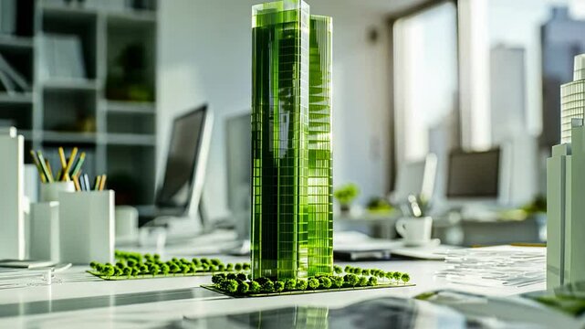 A detailed architectural model of a green skyscraper in a modern office, symbolizing sustainability and innovation