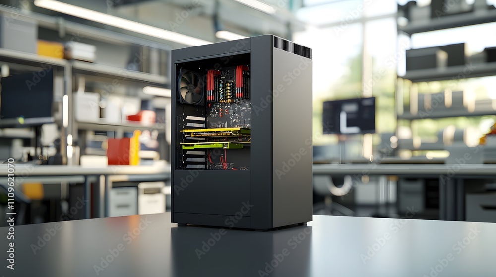 Poster graphics workstation with gpu modern office technology showcase bright environment close-up view hig
